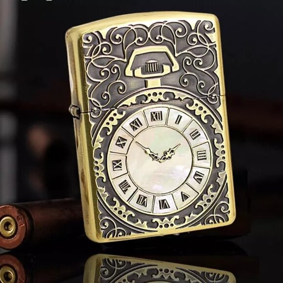 Rare Armor Gold Shell Inlay Pocket Watch ZIPPO LIGHTER